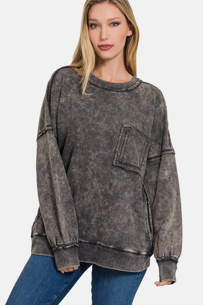 Zenana Exposed Seam Round Neck Dropped Shoulder Sweatshirt - DaTrendStore.Com