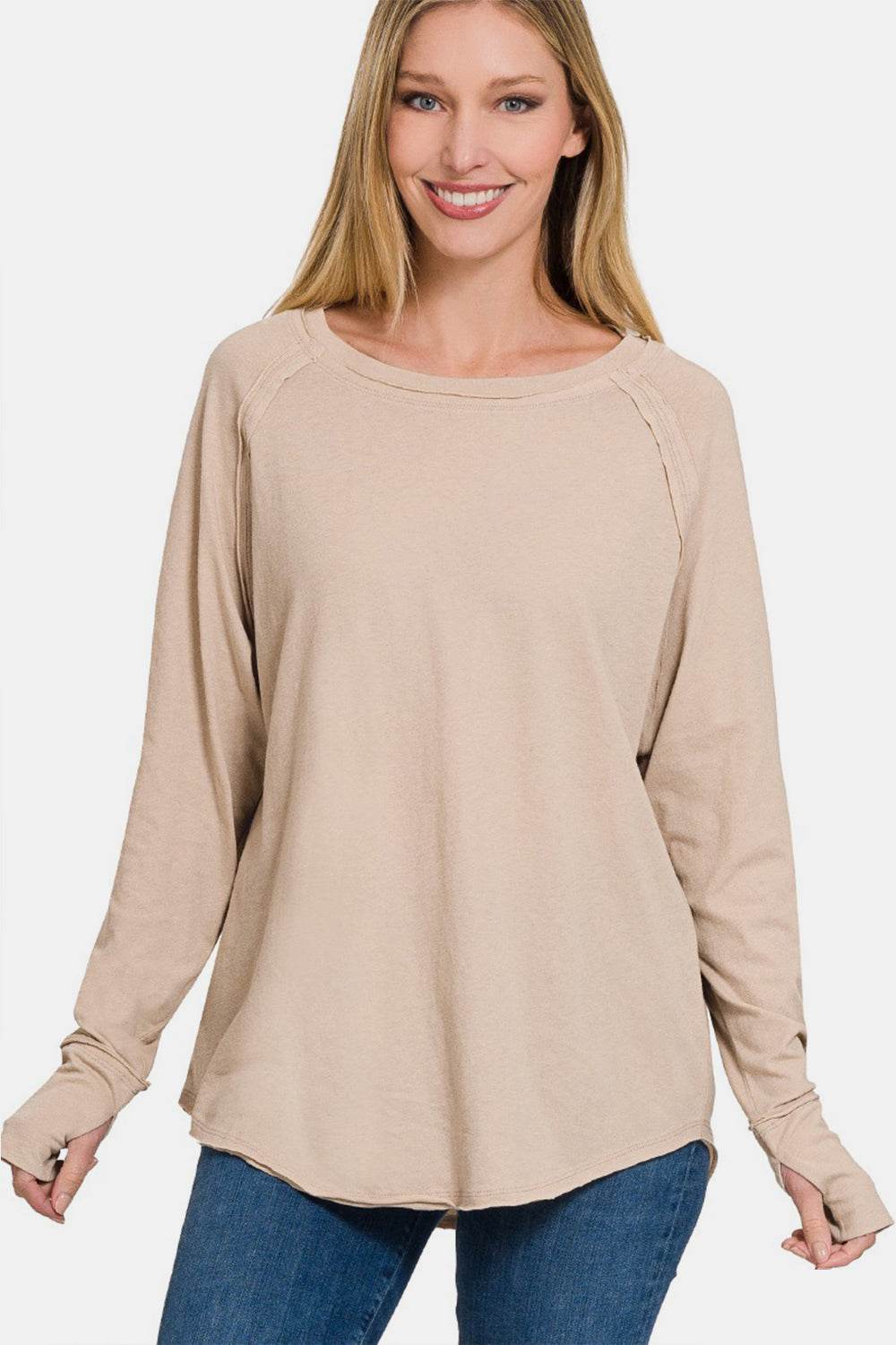 Zenana Round Neck Thumbhole Long Sleeve Top - DaTrendStore.Com