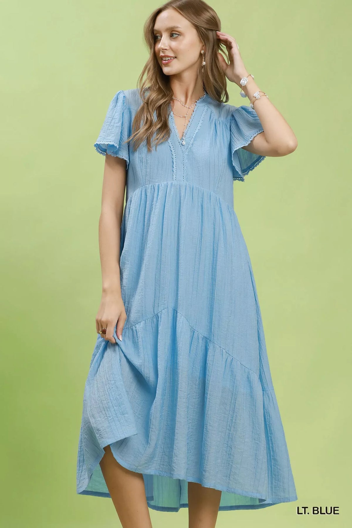 Umgee Textured Tiered Midi Dress with Side Pockets - Lt. Blue