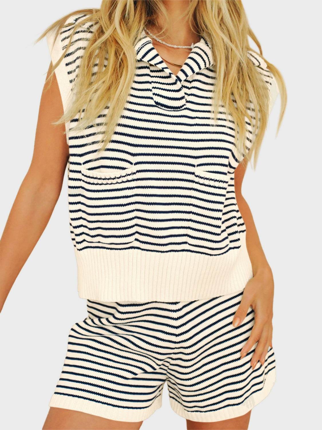 Striped Cap Sleeve Top and Shorts Sweater Set - DaTrendStore.Com