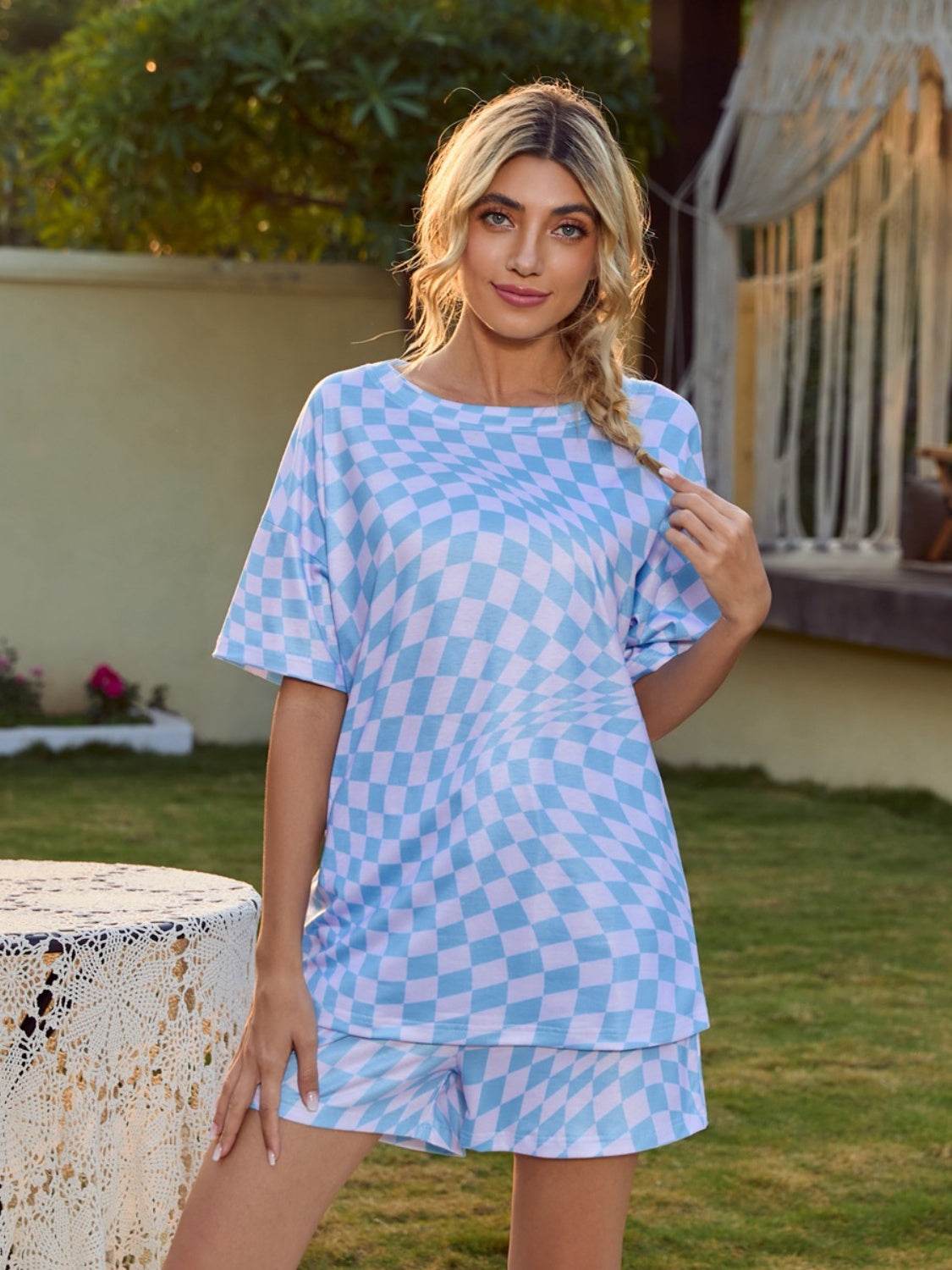 Plaid Round Neck Top and Shorts Lounge Set - DaTrendStore.Com