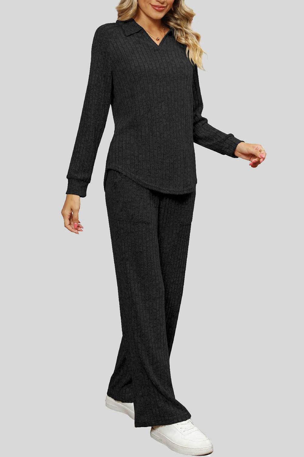 Ribbed Long Sleeve Top and Pocketed Pants Set - DaTrendStore.Com