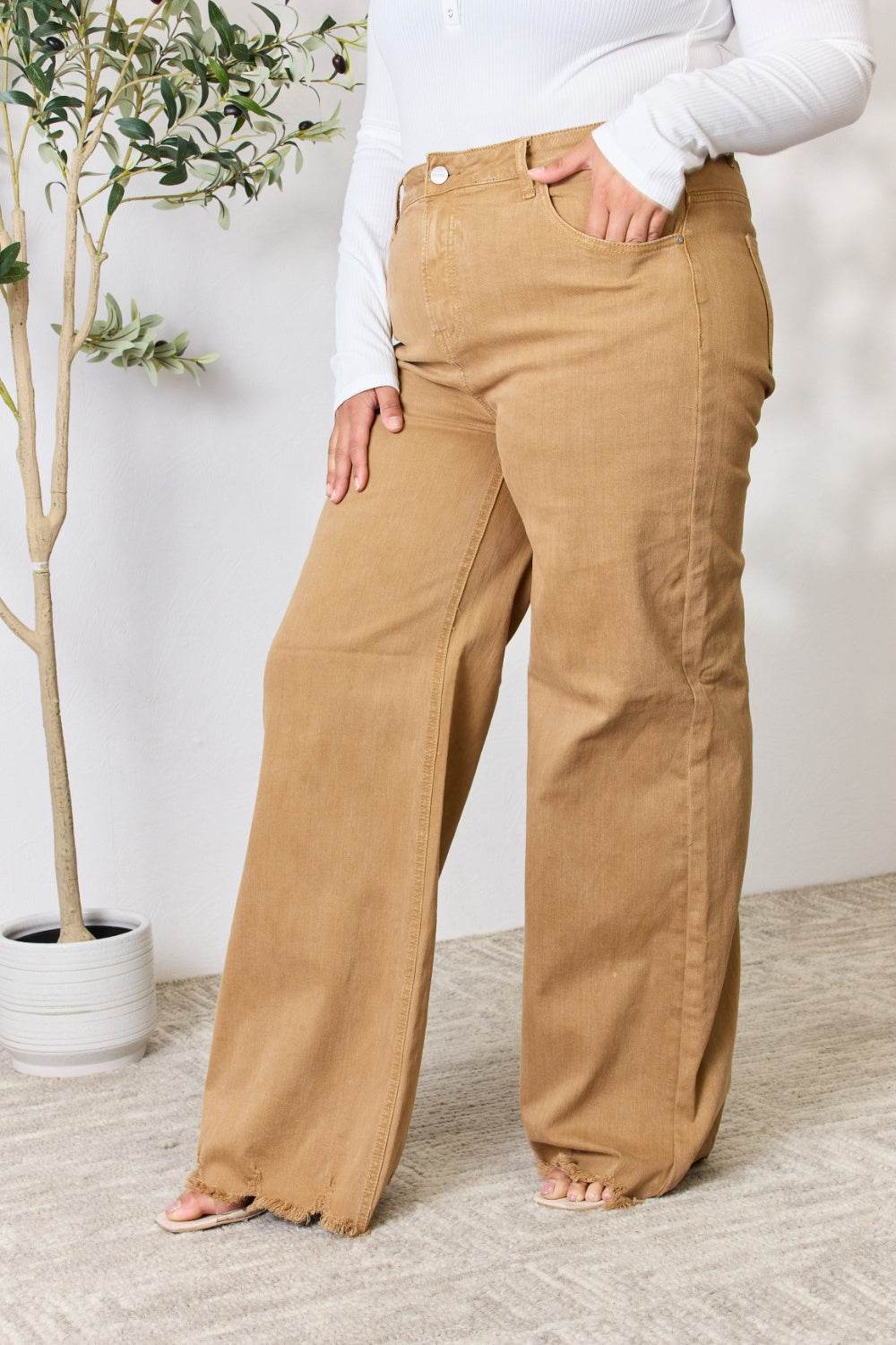 RISEN Full Size Fringe Hem Wide Leg Jeans - DaTrendStore.Com