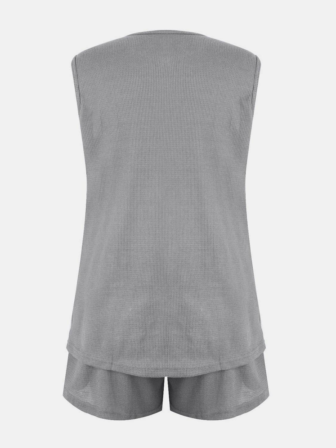 Full Size Waffle-Knit Notched Top and Shorts Set - DaTrendStore.Com