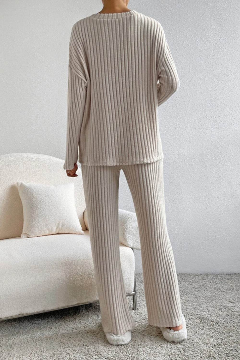 Ribbed V-Neck Top and Pants Set - DaTrendStore.Com