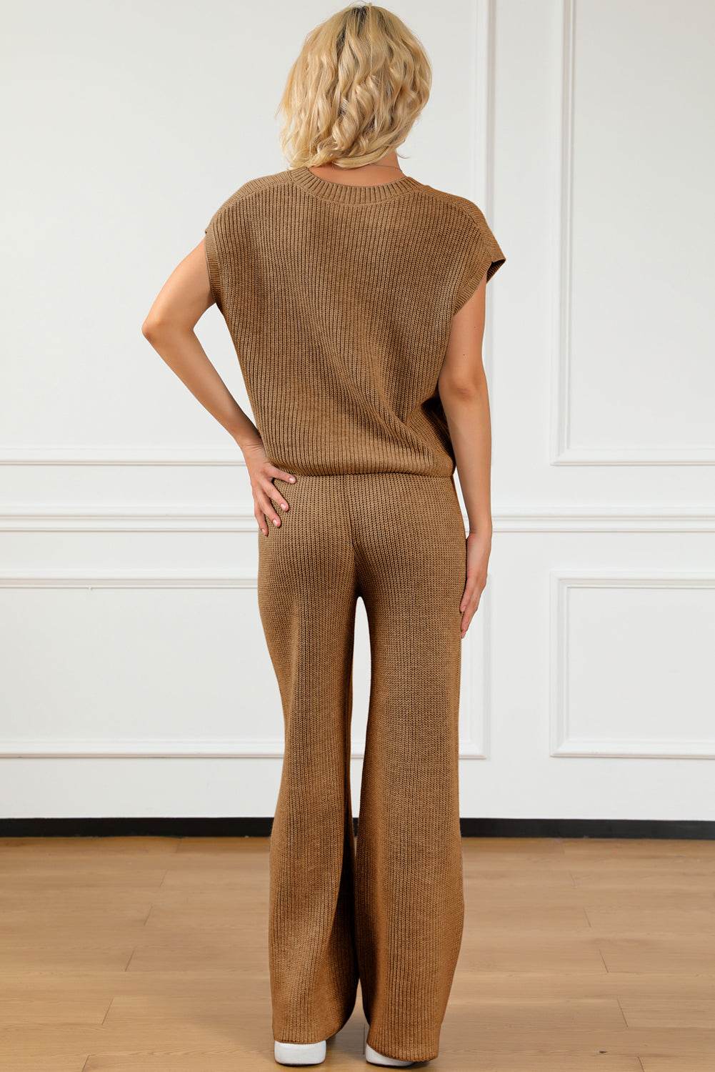 Pocketed V-Neck Top and Wide Leg Sweater Set - DaTrendStore.Com