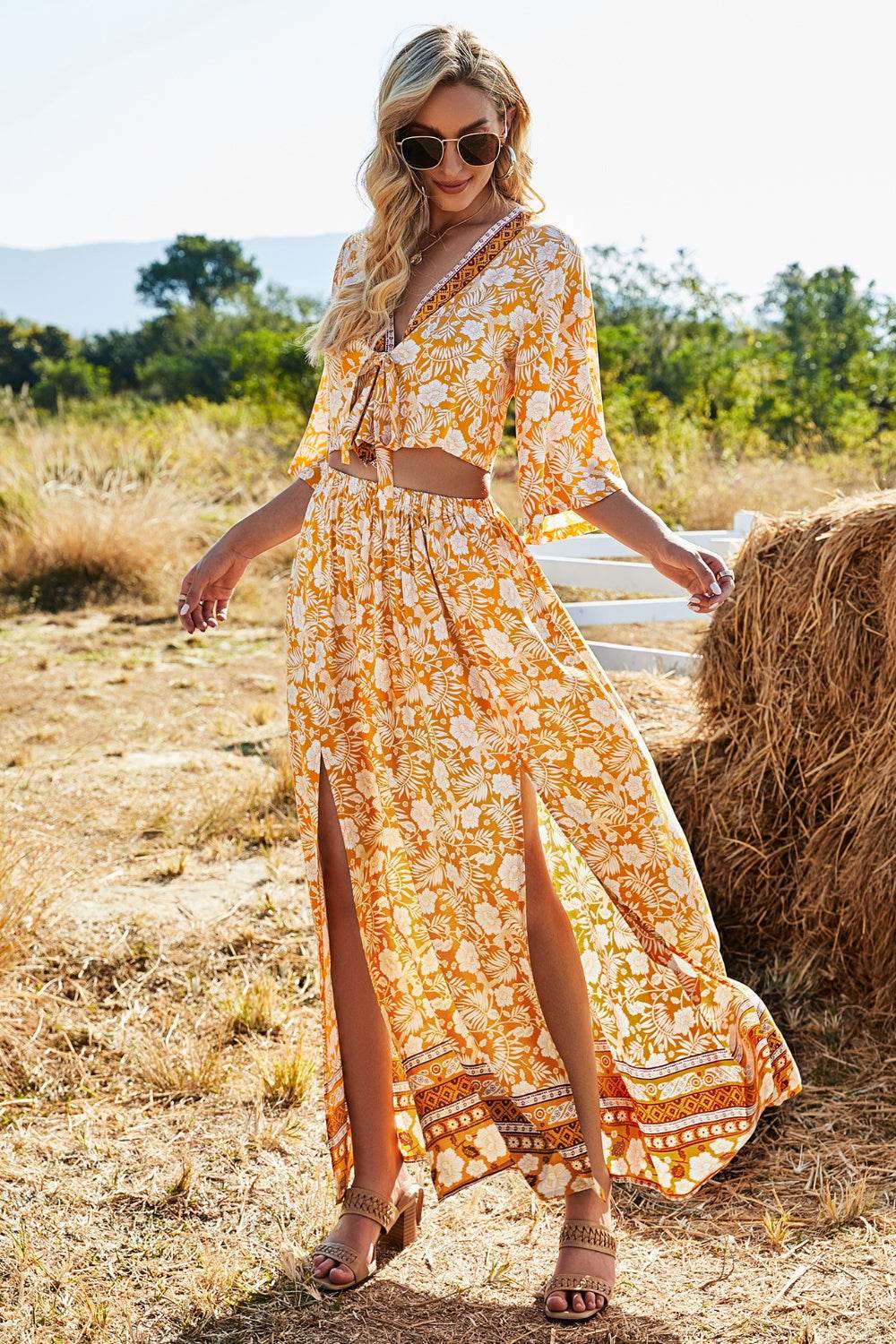Printed Half Sleeve Top and Slit Skirt Set - DaTrendStore.Com