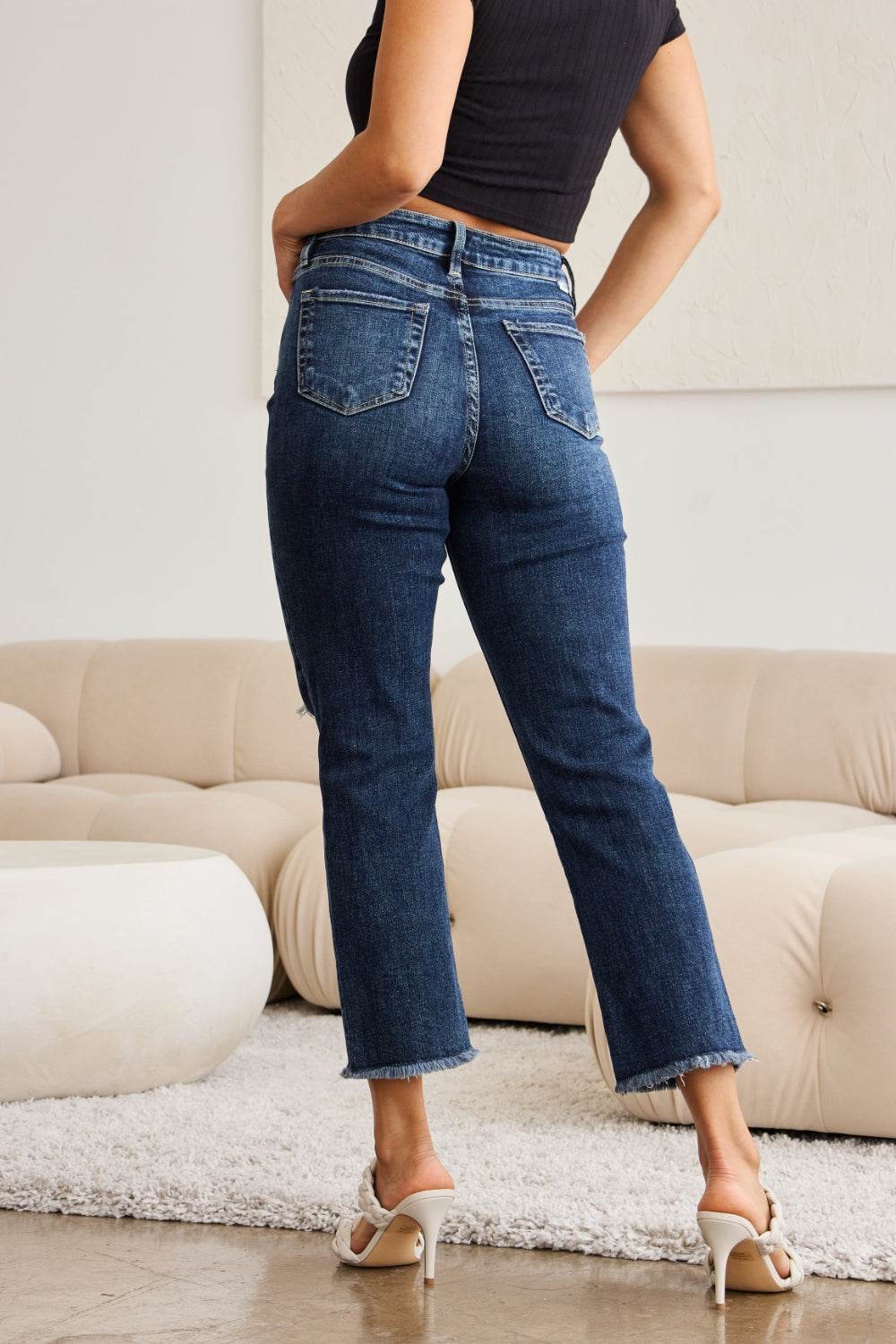 RFM Crop Dylan Full Size Tummy Control Distressed High Waist Raw Hem Jeans - DaTrendStore.Com