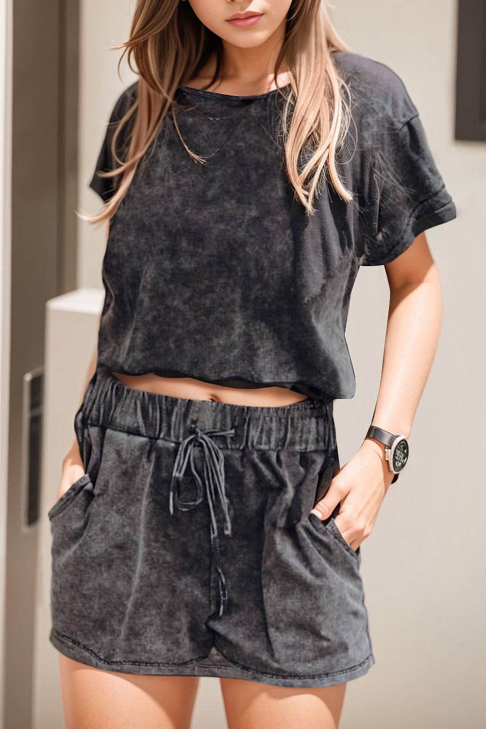 Heathered Round Neck Top and Shorts Lounge Set - DaTrendStore.Com
