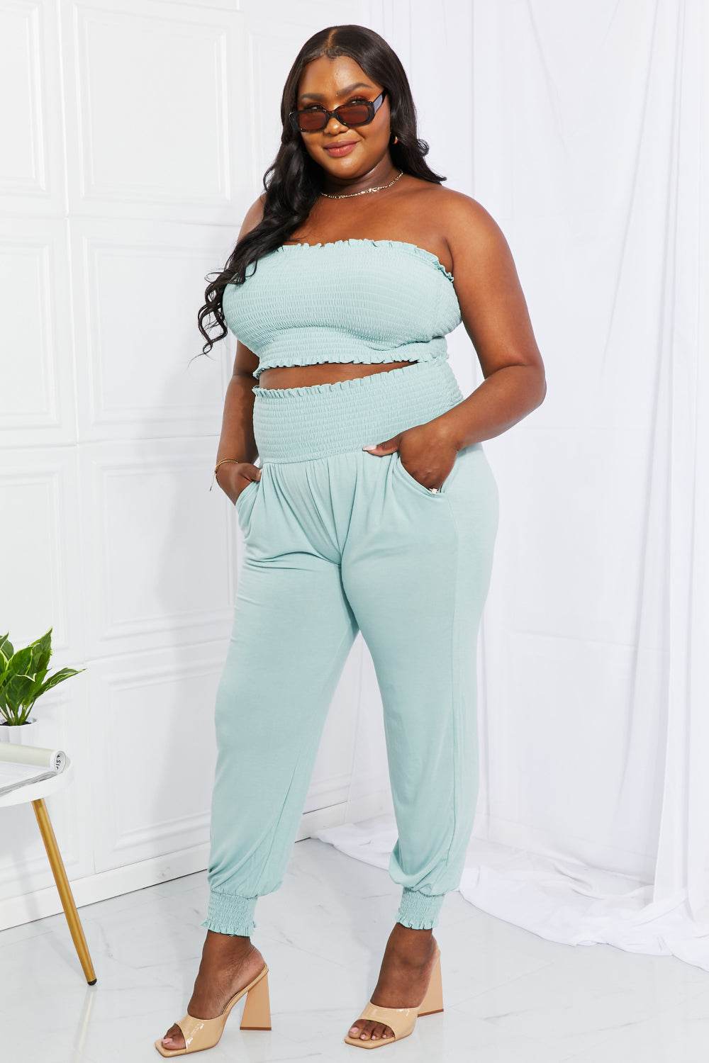 Zenana Full Size Stylish Comfort Smocked Tube Top & Joggers Set - DaTrendStore.Com