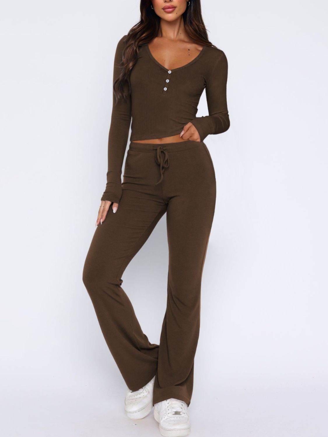 V-Neck Long Sleeve Top and Pants Set - DaTrendStore.Com