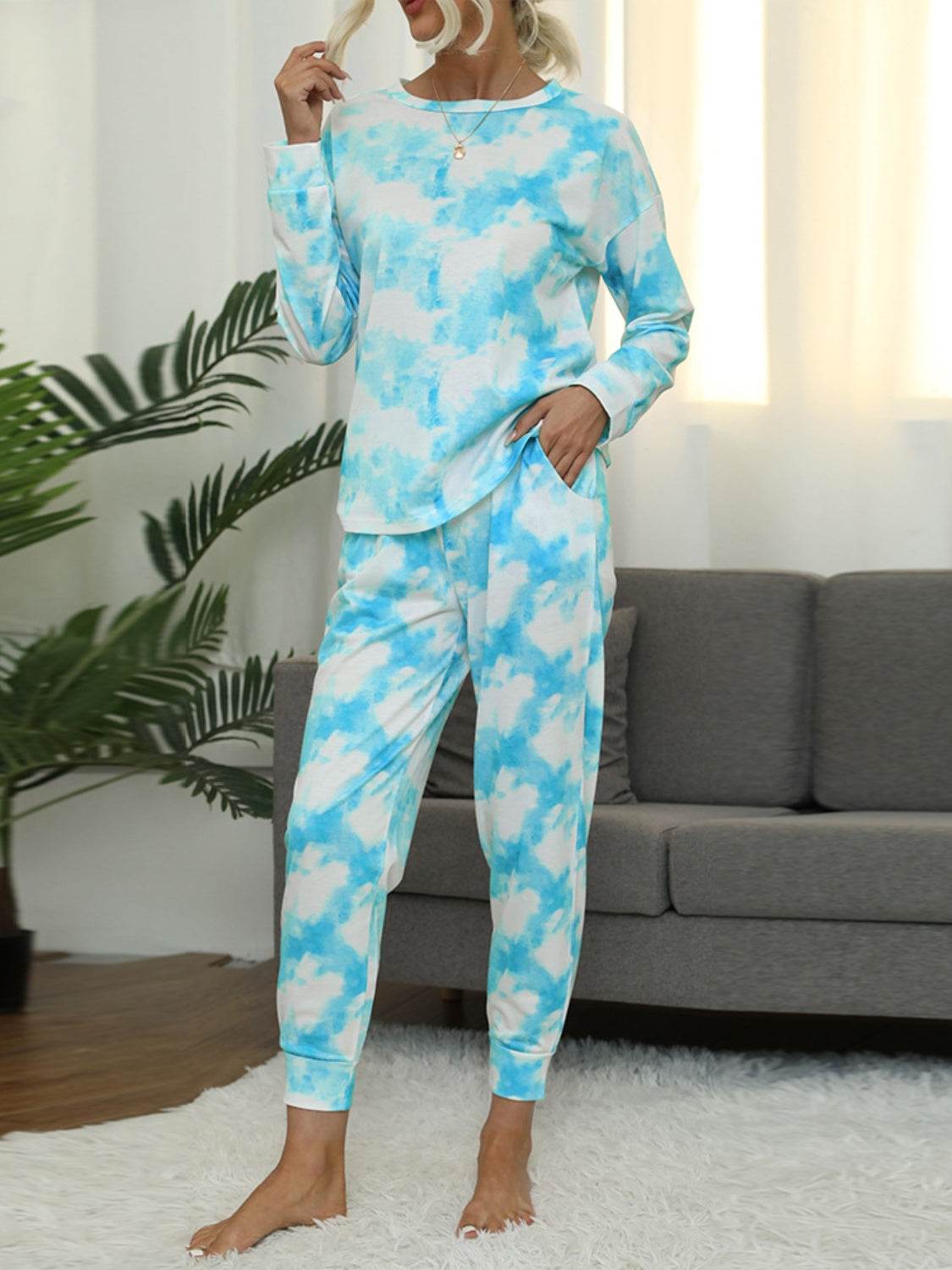 Shiny Tie-Dye Round Neck Top and Pants Lounge Set - DaTrendStore.Com