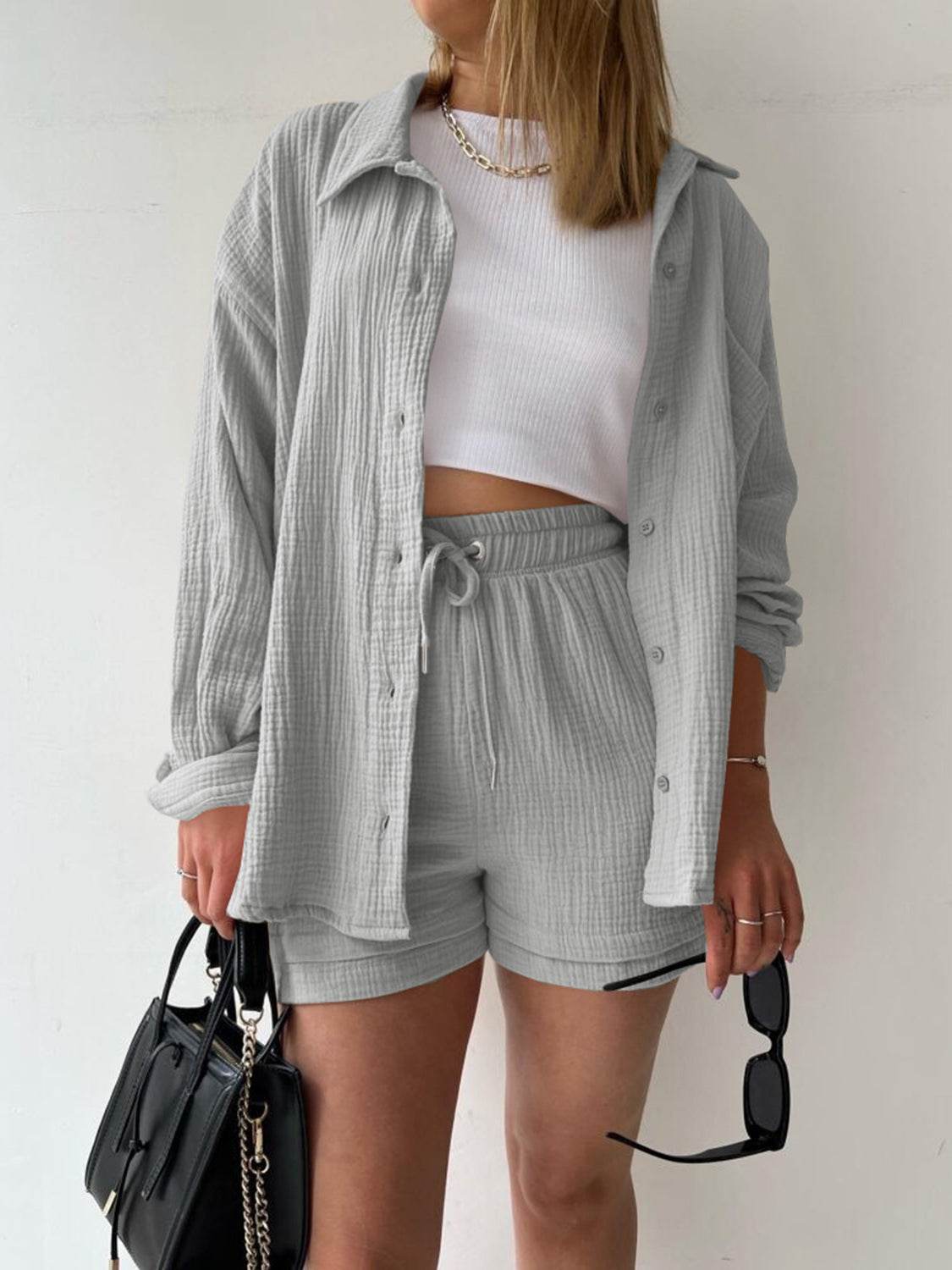 Texture Button Up Shirt and Drawstring Shorts Set - DaTrendStore.Com
