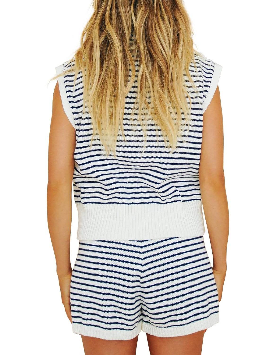 Striped Cap Sleeve Top and Shorts Sweater Set - DaTrendStore.Com