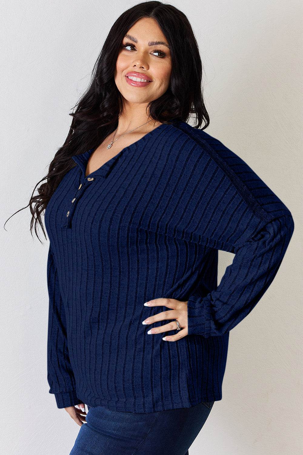 Basic Bae Full Size Ribbed Half Button Long Sleeve T-Shirt - DaTrendStore.Com