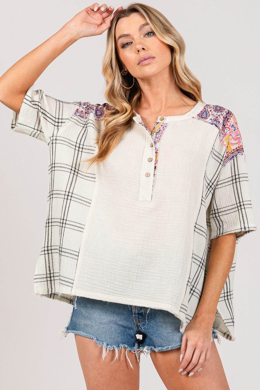 SAGE + FIG Plaid Half Button Gauze Top - DaTrendStore.Com