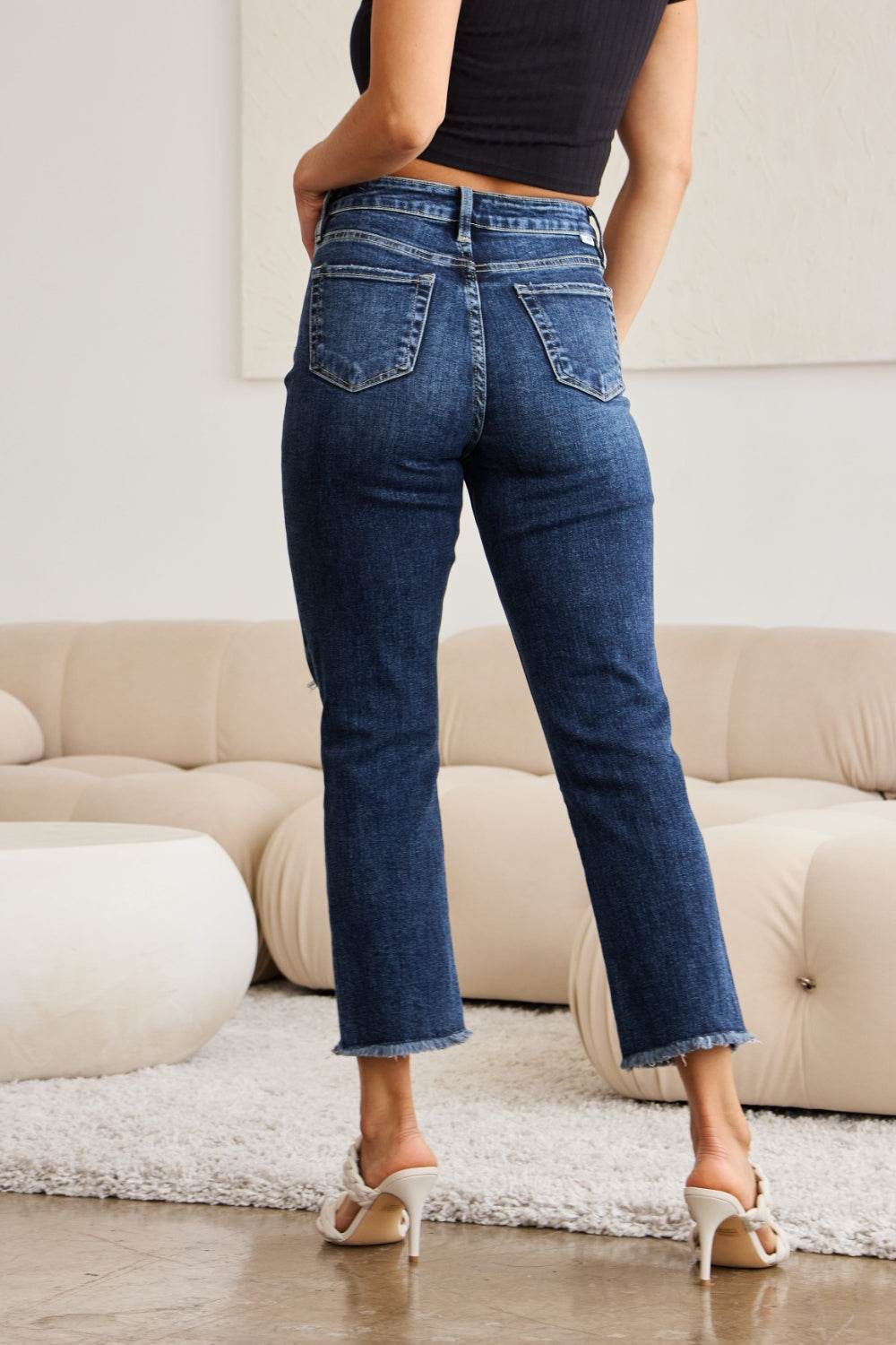 RFM Crop Dylan Full Size Tummy Control Distressed High Waist Raw Hem Jeans - DaTrendStore.Com