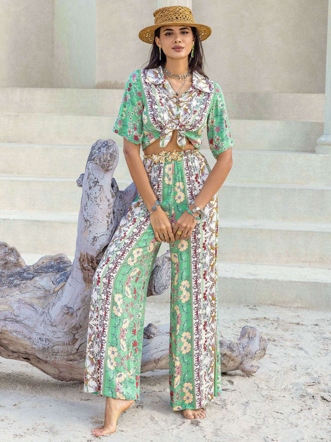 Printed Half Sleeve Top and Wide Leg Pants Set - DaTrendStore.Com