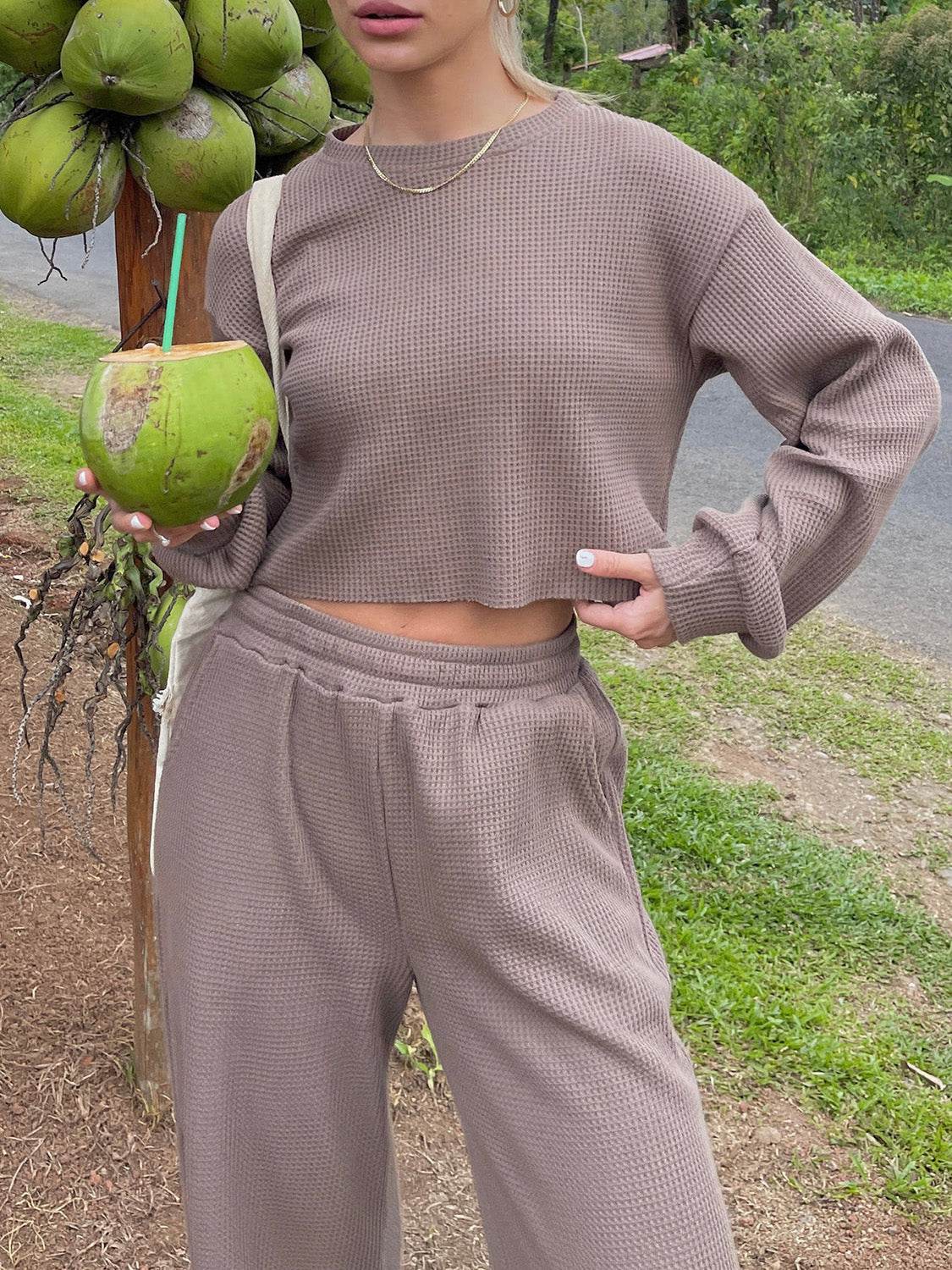 Waffle-Knit Round Neck Top and Pants Set - DaTrendStore.Com