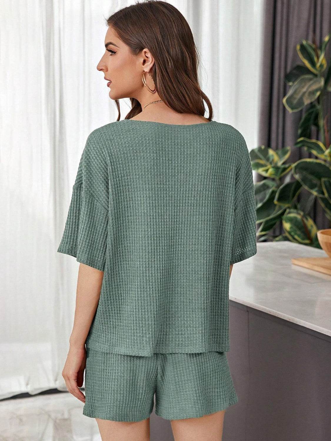 Full Size Waffle-Knit Dropped Shoulder Top and Shorts Set - DaTrendStore.Com