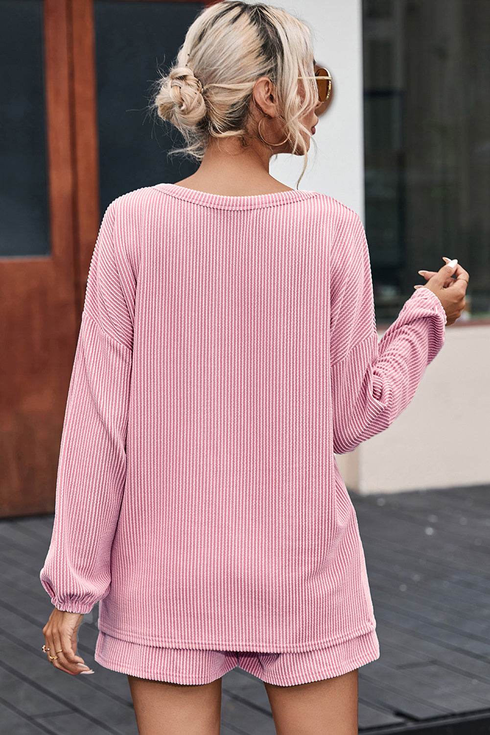 V-Neck Dropped Shoulder Top and Shorts Set - DaTrendStore.Com