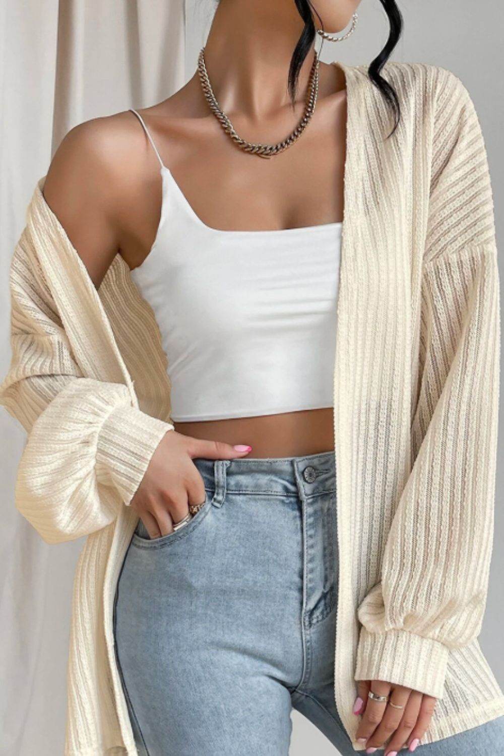 Open Front Long Sleeve Cardigan - DaTrendStore.Com