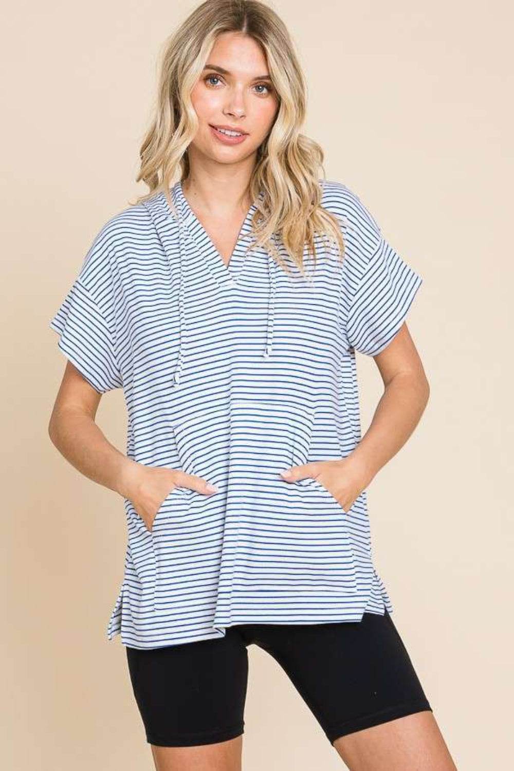 Culture Code Full Size Striped Short Sleeve Hooded Top - DaTrendStore.Com