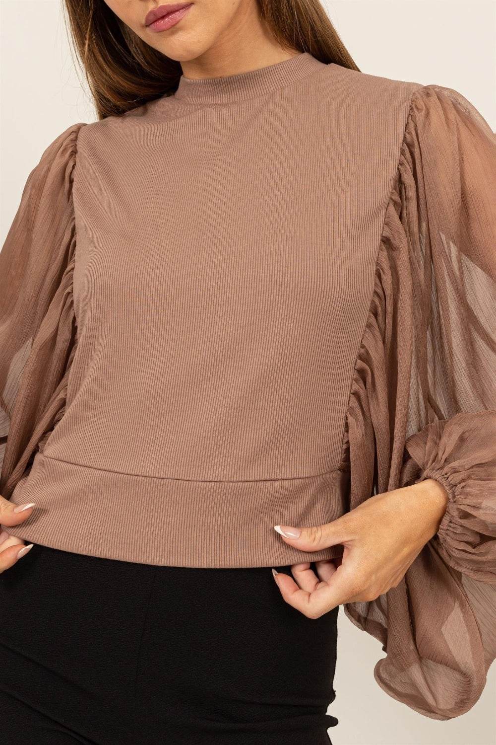 HYFVE Ruched Sheer Long Sleeve Mock Neck Blouse - DaTrendStore.Com