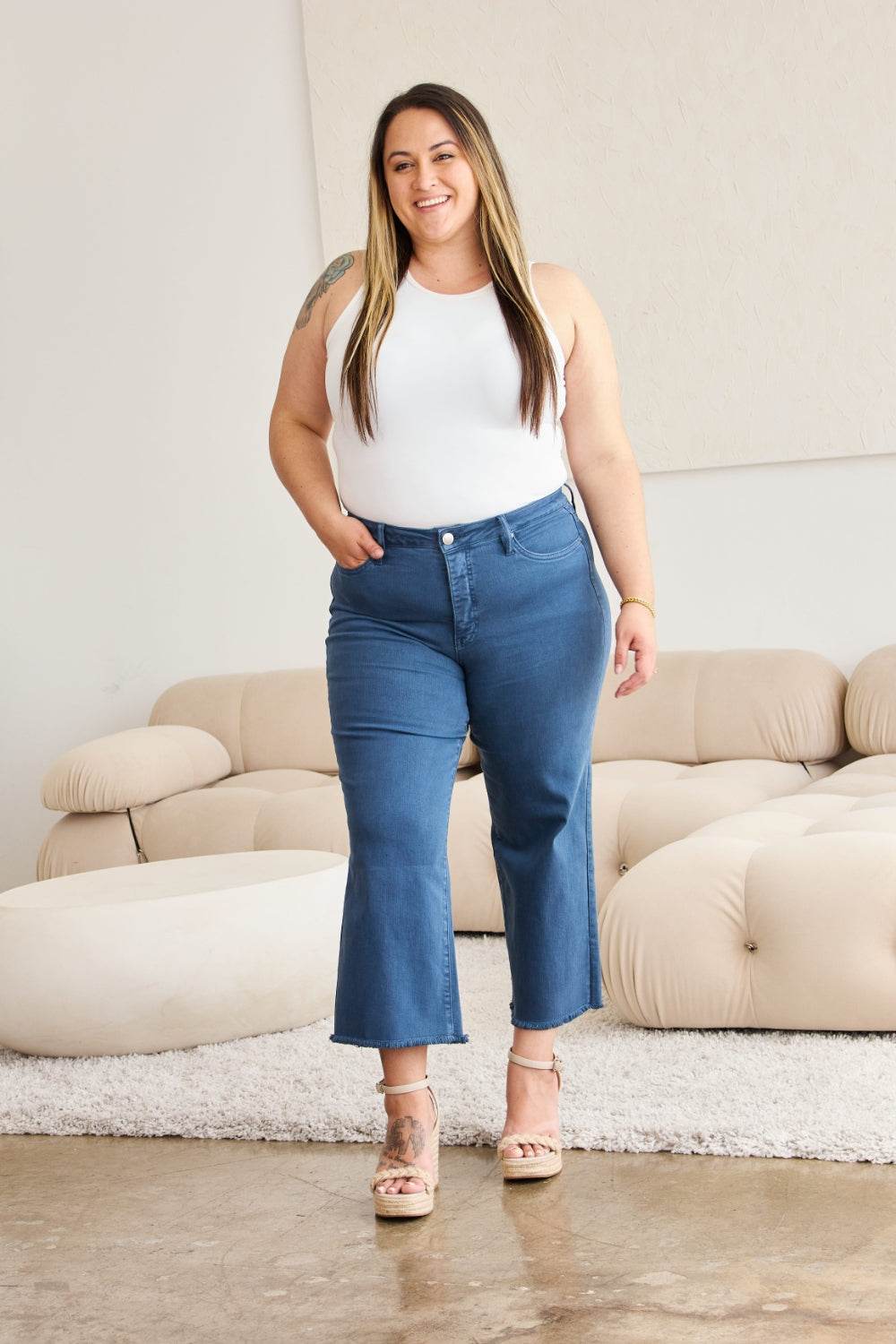 RFM Crop Chloe Full Size Tummy Control High Waist Raw Hem Jeans - DaTrendStore.Com