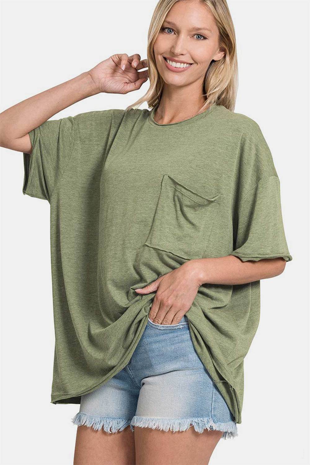 Zenana Drop Shoulder Oversized Front Pocket T-Shirt - DaTrendStore.Com