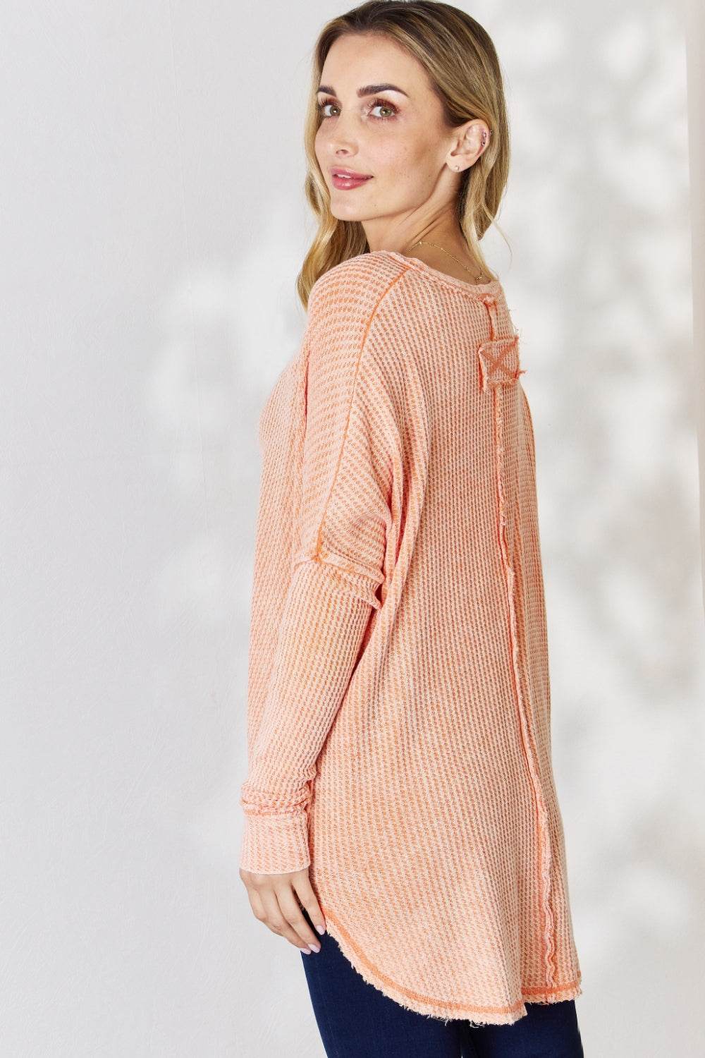 Zenana Oversized Washed Waffle Long Sleeve Top - DaTrendStore.Com
