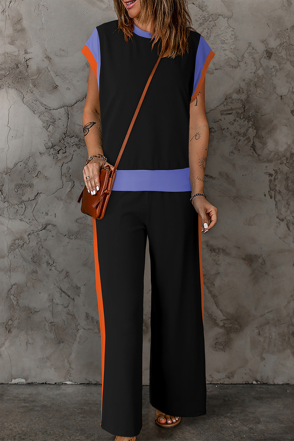 Contrast Round Neck Top and Pants Set