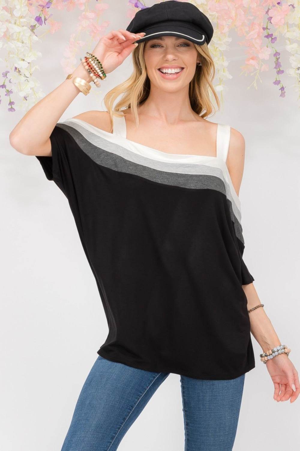 Celeste Full Size Striped Cold Shoulder Top - DaTrendStore.Com
