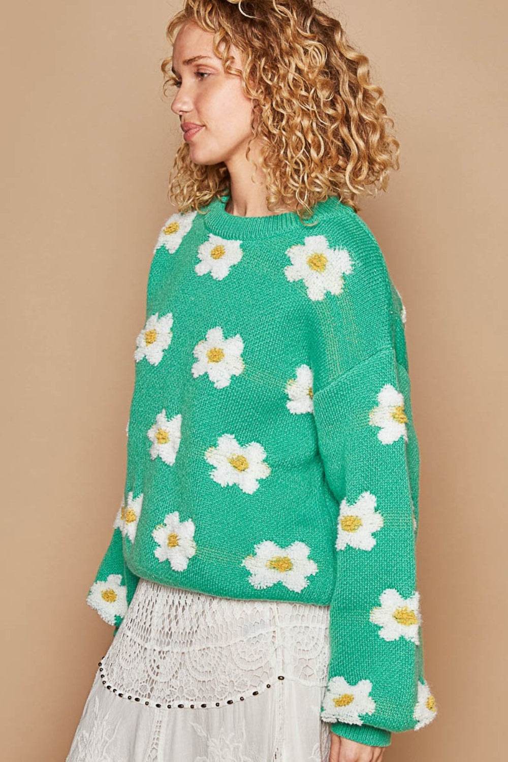 POL Daisy Pattern Drop Shoulder Sweater - DaTrendStore.Com