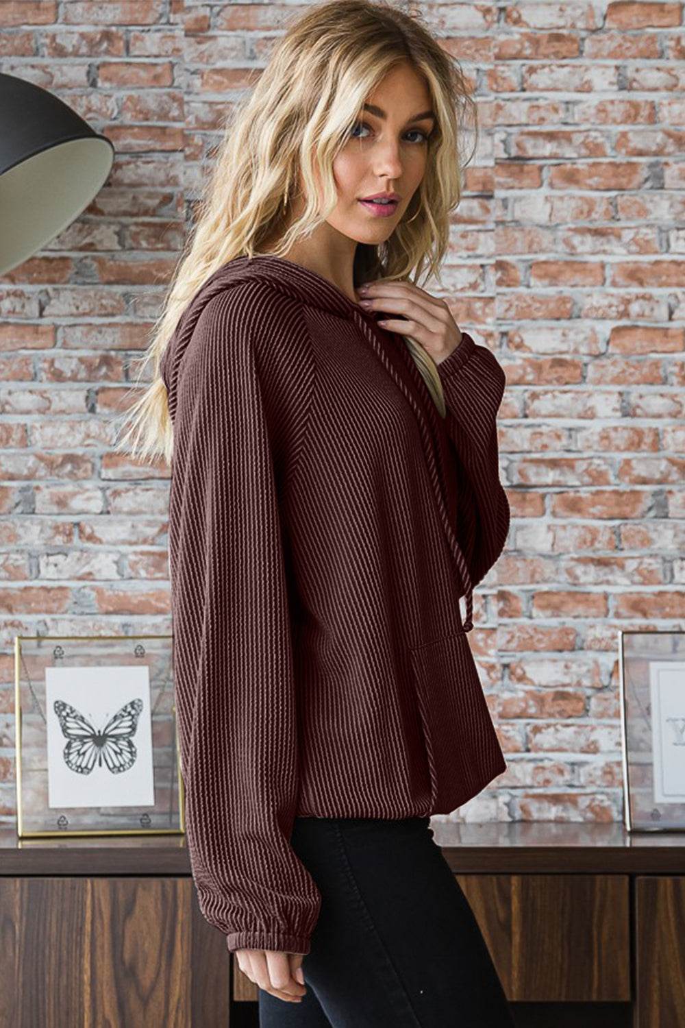 Heimish Ribbed Long Sleeve Hoodie with Kangaroo Pocket - DaTrendStore.Com