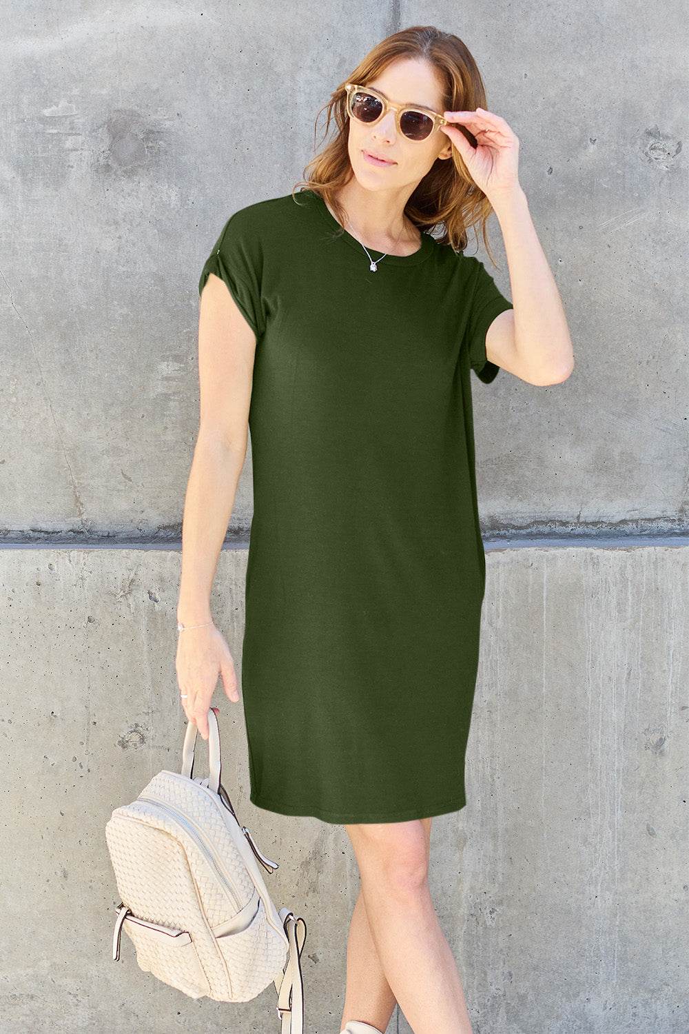 Basic Bae Full Size Round Neck Short Sleeve Dress with Pockets - DaTrendStore.Com