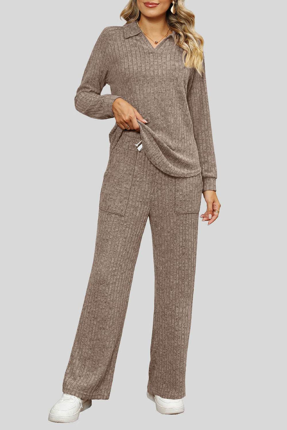 Ribbed Long Sleeve Top and Pocketed Pants Set - DaTrendStore.Com