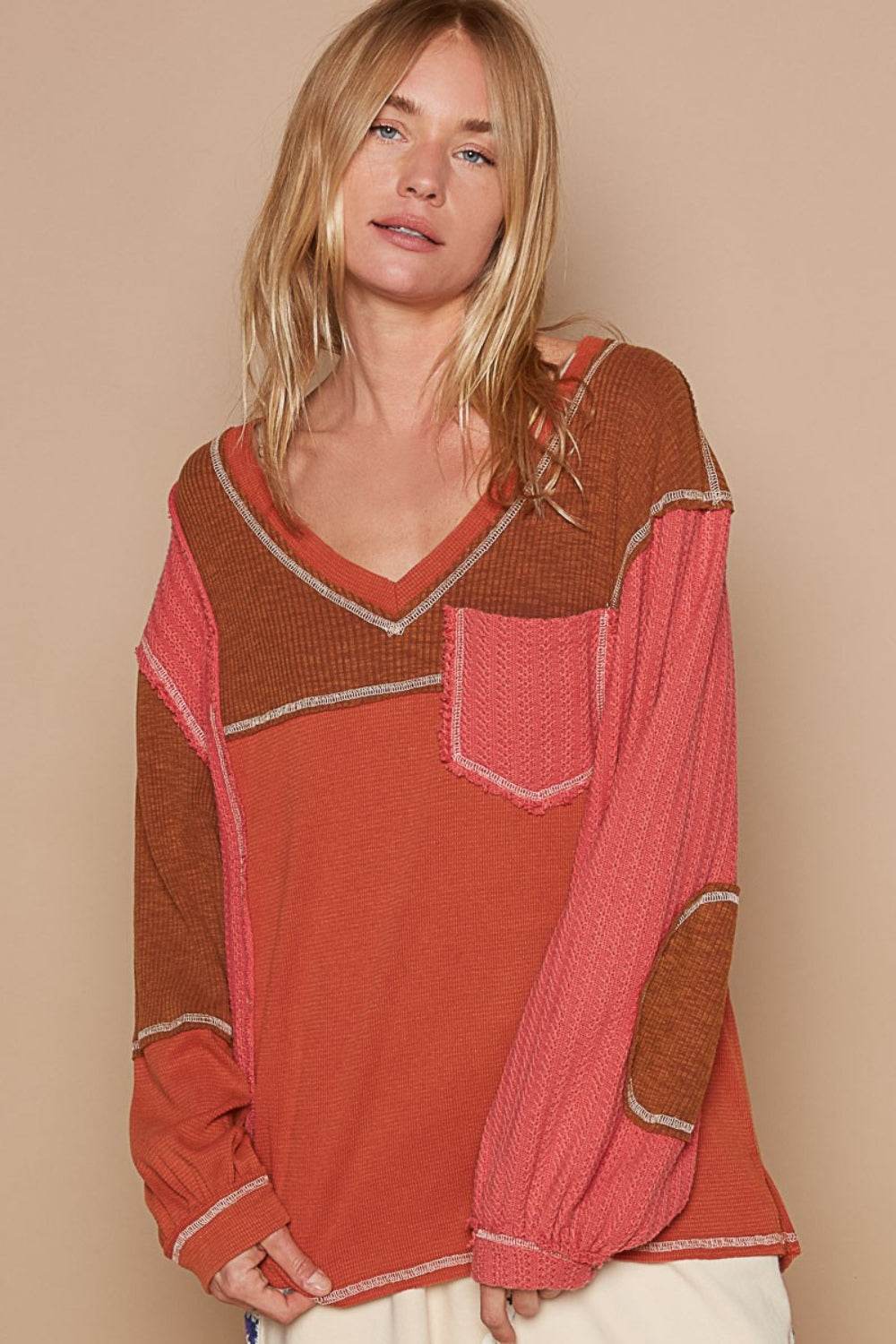 POL V-Neck Knit Panel Exposed Seam Top - DaTrendStore.Com
