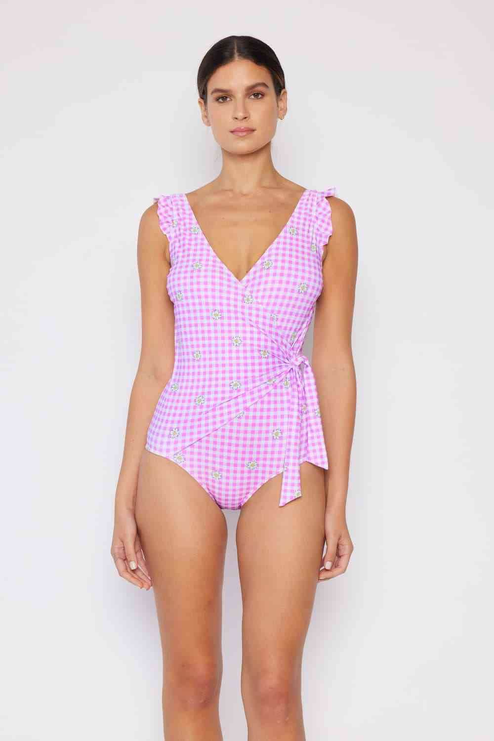 Marina West Swim Full Size Float On Ruffle Faux Wrap One-Piece in Carnation Pink - DaTrendStore.Com