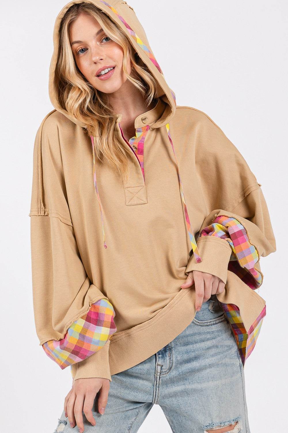 SAGE + FIG Full Size Plaid Print Washed Hoodie - DaTrendStore.Com