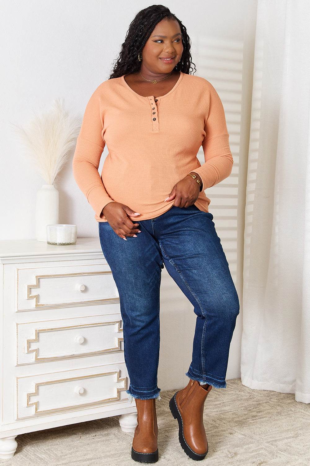 Basic Bae Half Button Long Sleeve Top - DaTrendStore.Com