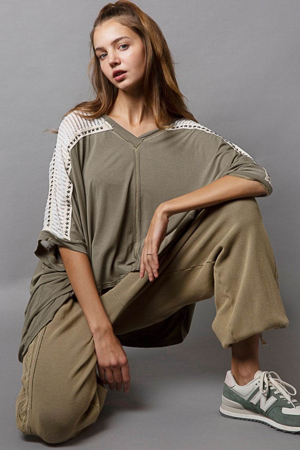 POL Oversize V-Neck Crochet Lace Contrast Studded Top - DaTrendStore.Com