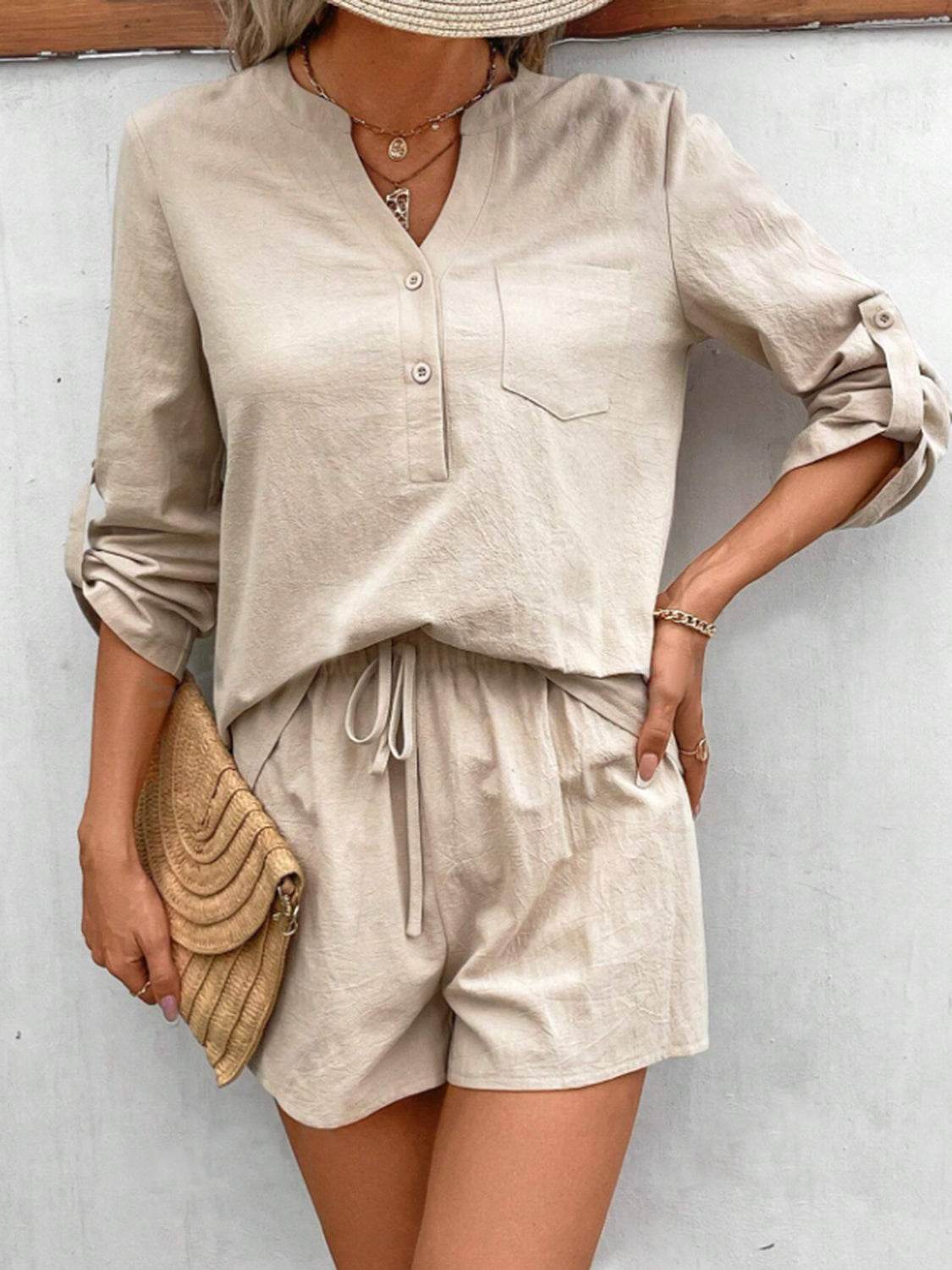 Notched Long Sleeve Top and Shorts Set - DaTrendStore.Com