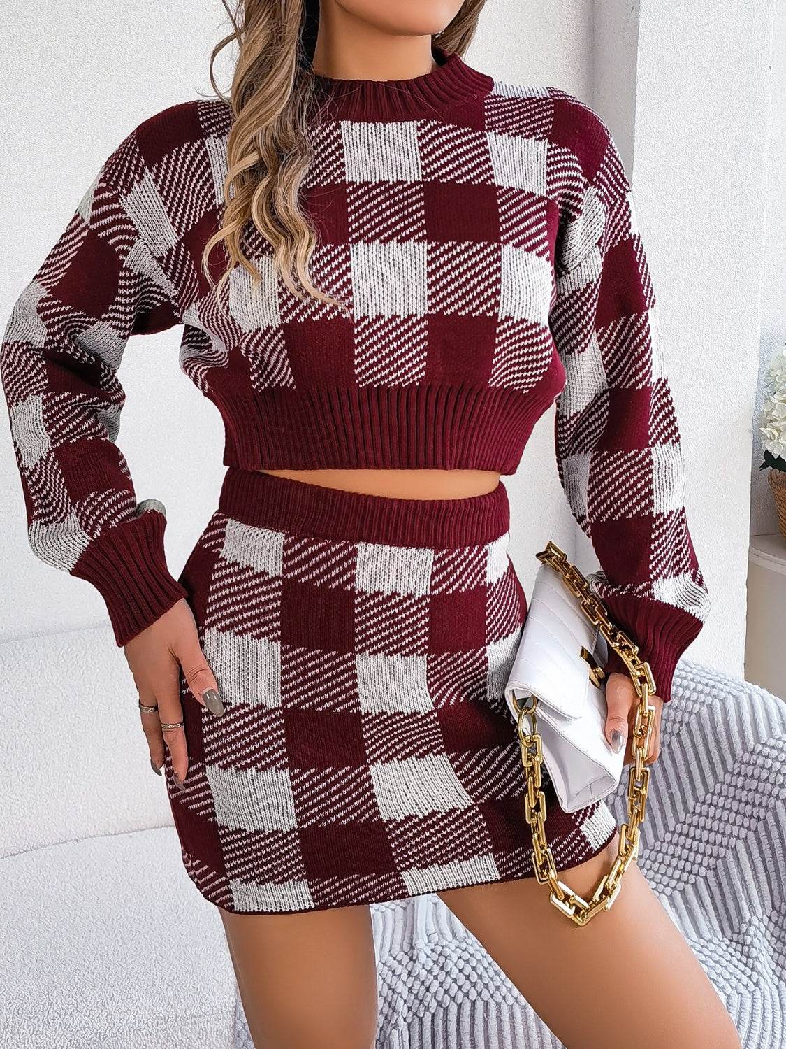Plaid Round Neck Top and Skirt Sweater Set - DaTrendStore.Com