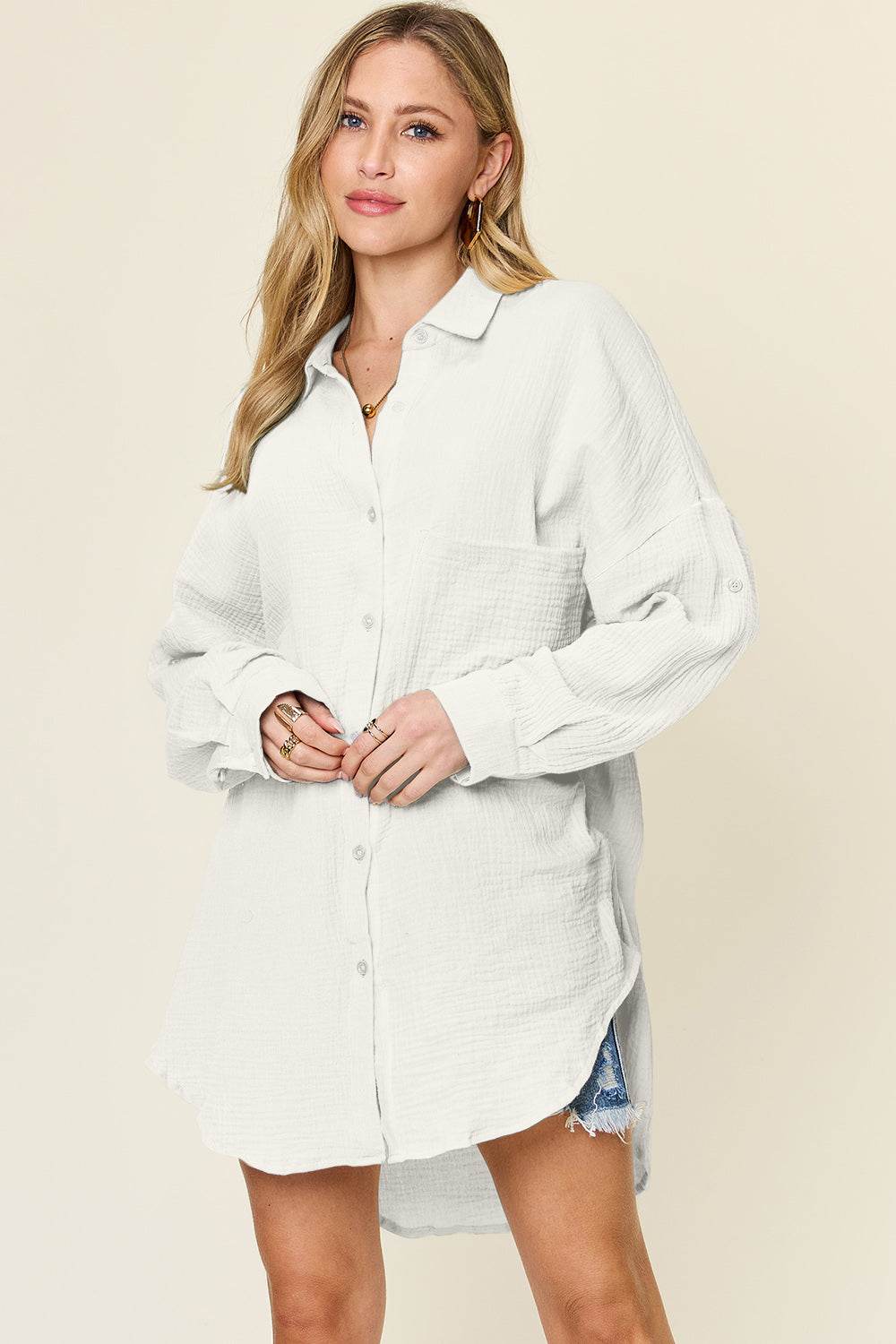 Double Take Full Size Pocketed Texture Button Up Shirt - DaTrendStore.Com
