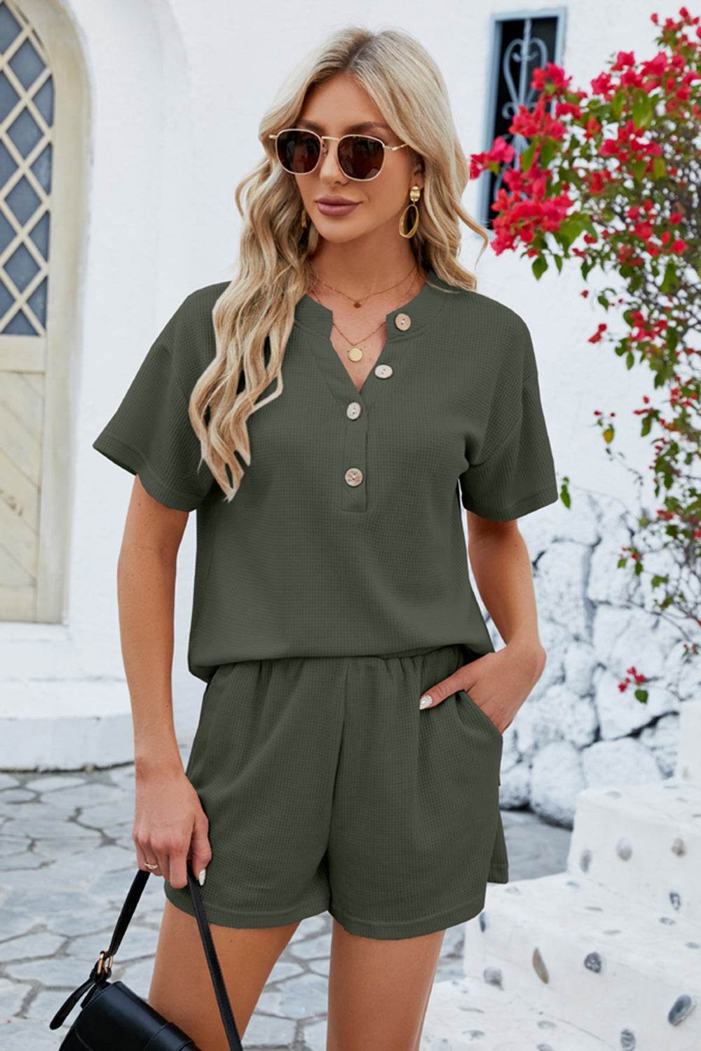 Notched Button Detail Dropped Shoulder Top and Shorts Set - DaTrendStore.Com