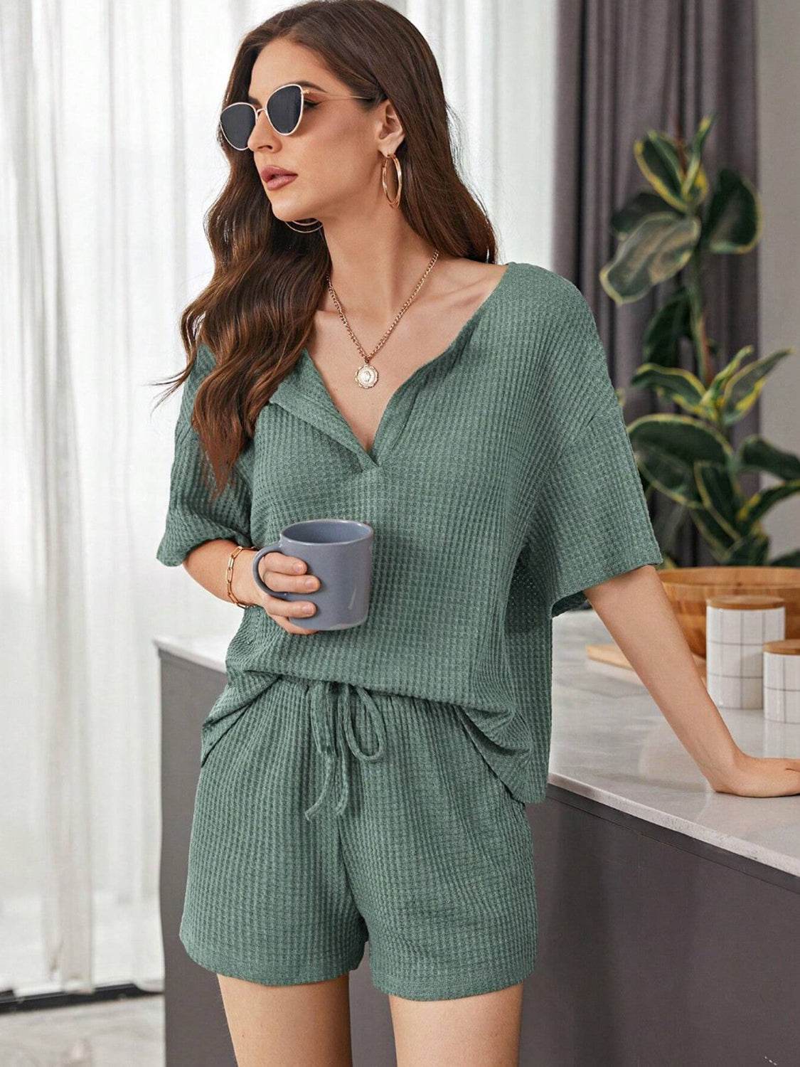 Full Size Waffle-Knit Dropped Shoulder Top and Shorts Set - DaTrendStore.Com