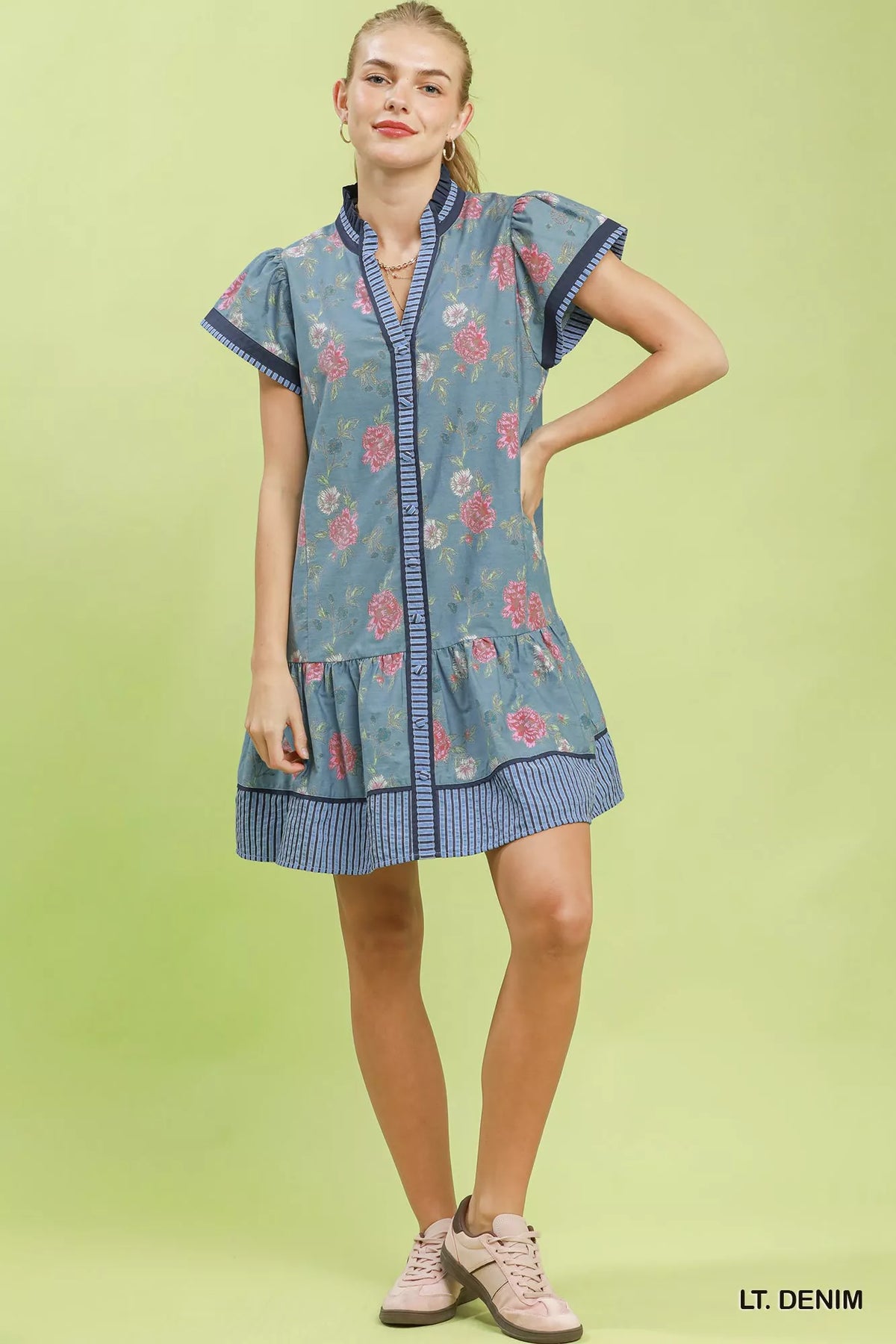 Umgee Floral Contrast Trim Ruffle Hem Mini Dress - Lt. Denim
