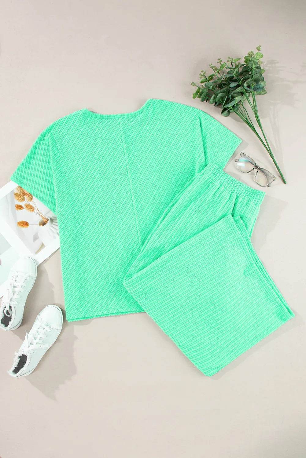 Plus Size Round Neck Half Sleeve Top and Tied Pants Set - DaTrendStore.Com