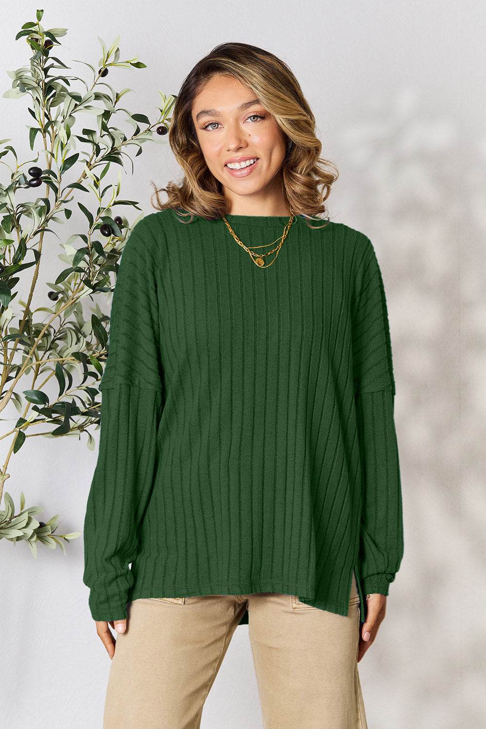 Basic Bae Full Size Ribbed Round Neck Slit Knit Top - DaTrendStore.Com